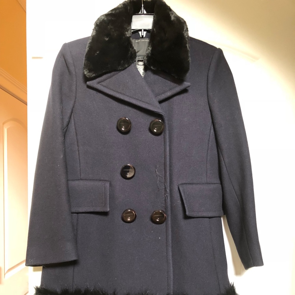 Marc jacobs navy wool coat with faux fur trim